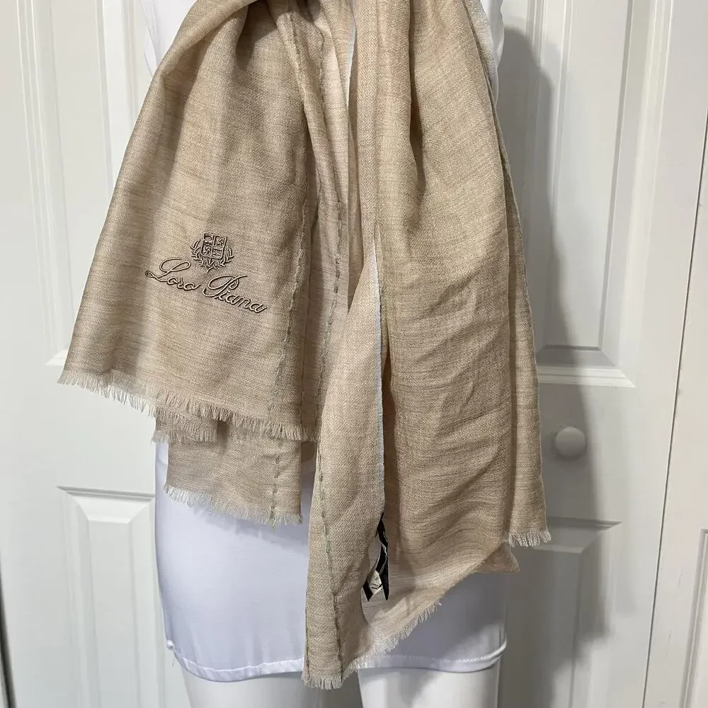 Loro Piana Shawl Wrap Womens Long Beige Cashmere Logo Stripe Scarf Italy
